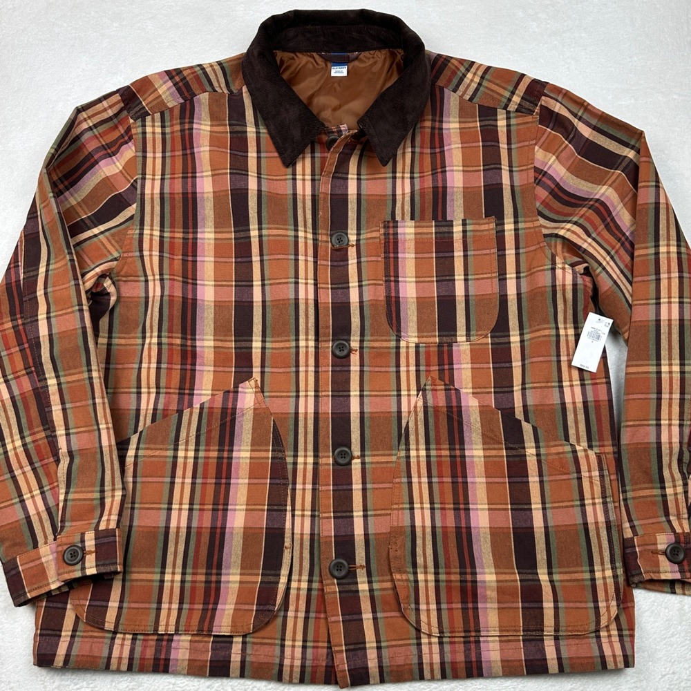 Old Navy Mens Plaid Barn Jacket Corduroy Collar Orange Brown Chore Coat Large